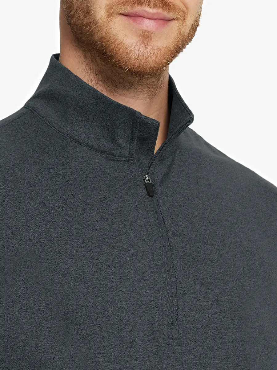 Front close-up from nose to chest, DARK GREY HEATHER Quarter Zip Melange Pullover with soft textured fabric.