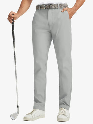 Front lower leg view of Water Repellent 8 Pockets Pants in LIGHT GREY，model holds golf club with right hand.