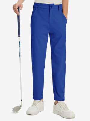 Boys Stretch Fleece Lined Casual Golf Pants in klein blue, front lower body view with golf club
