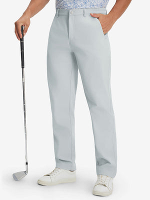 Front lower body shot of model wearing thermal water repellent fleece dress pants in light gray