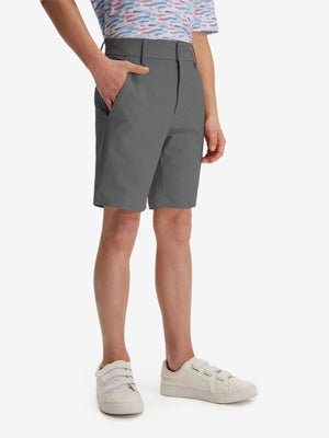 Front lower body in dark grey boys lightweight dry fit flat front golf shorts