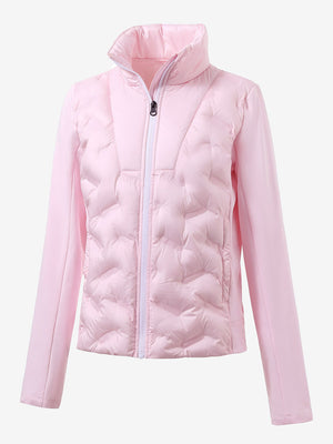 Women's lightweight fleece-lined puffer jacket in light pink, clean 3D front view with a modern shape.
