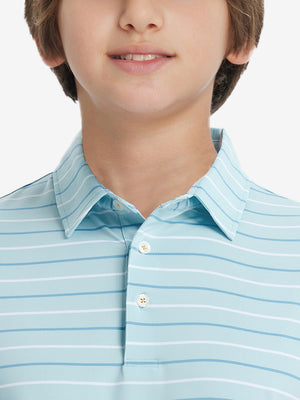Close-up of collar on trendy boys stripe polo shirts, neat stitching with iced aqua stripe accent