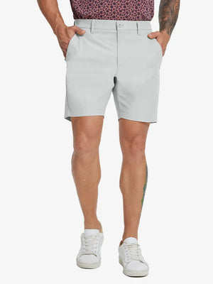 Front lower-body view of model wearing GLACIER GREY Water Resistant Versatile 8 Pockets Shorts.