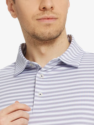 Upper chest close-up wearing Lavender White Yarn Dyed Stripe Polo – from nose to chest