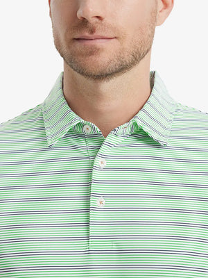 Fruit Green Navy Stripe Performance Stripe Golf Shirt – close-up front from model’s nose to chest
