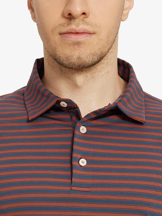 Upper chest close-up wearing Rusty Red Navy Yarn Dyed Stripe Polo – from nose to chest