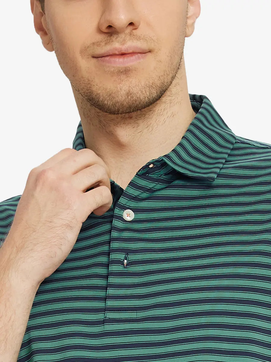 Upper chest close-up showing Turquoise Navy Yarn Dyed Stripe Polo – from nose to chest