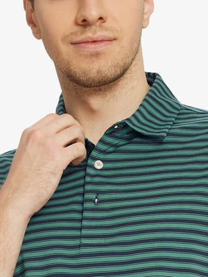 Upper chest close-up showing Turquoise Navy Yarn Dyed Stripe Polo – from nose to chest
