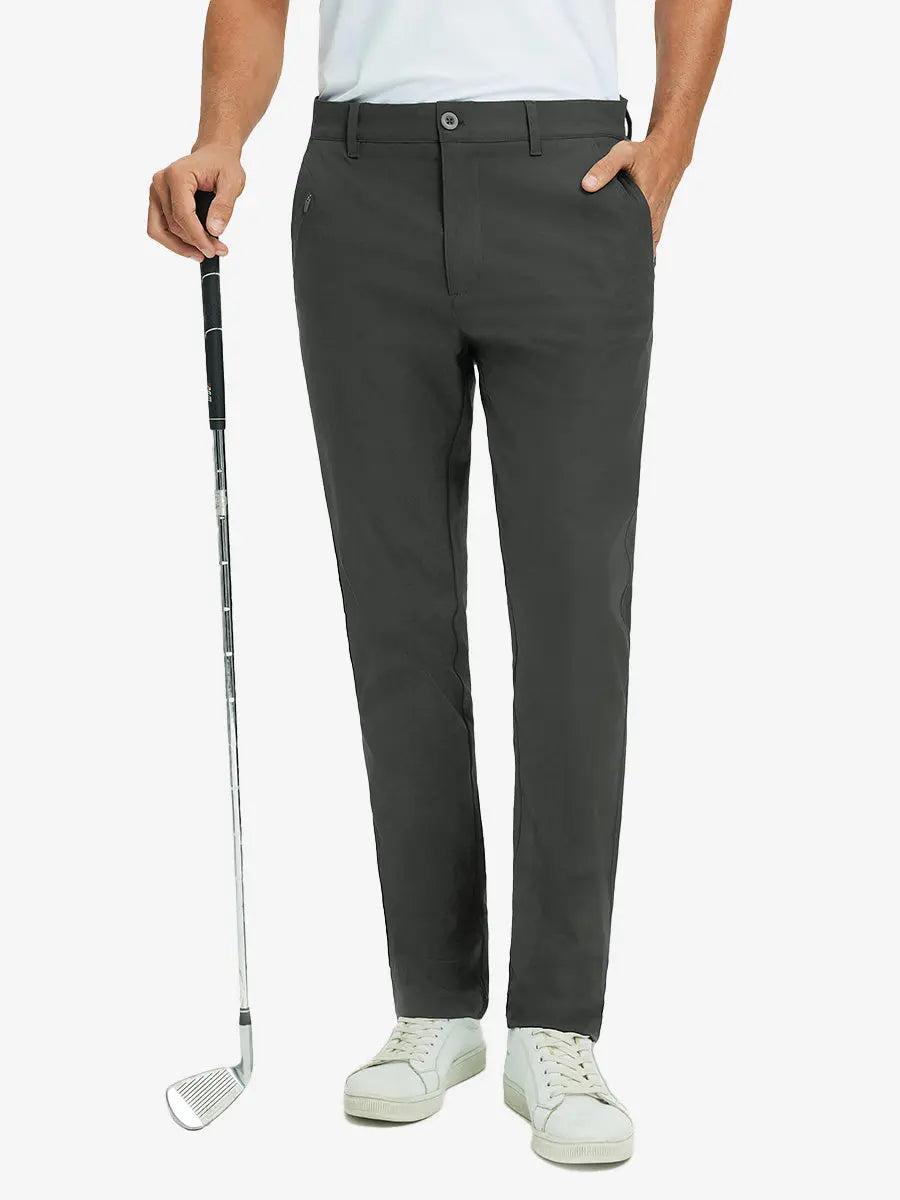 Front lower leg view of Water Repellent 8 Pockets Pants in DARK GREY，model holds golf club with right hand.