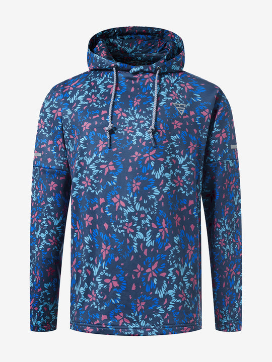 Front 3D view of youth full print hoodies pullover showing detailed fabric and fit, navy colorful flower.