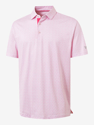 Front 3D view of Performance quick dry print golf polos in white pink floral, clean athletic design