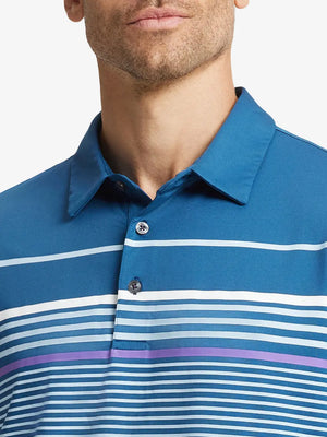 Front chest view of model wearing Chest Print Polo Shirts in COBALT BLUE1