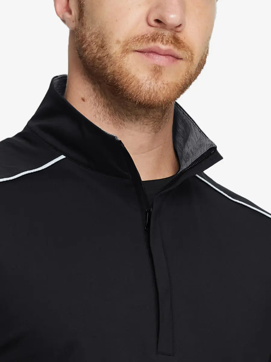 Front half-body view from nose down of model wearing BLACK Stretch Solid Fleece Quarter-Zip Vest.								
