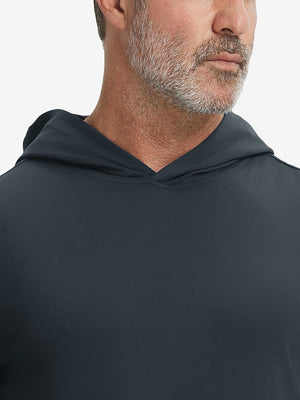 Close-up from nose to chest, showing soft collar texture and stitching detail of the dark grey hoodie.