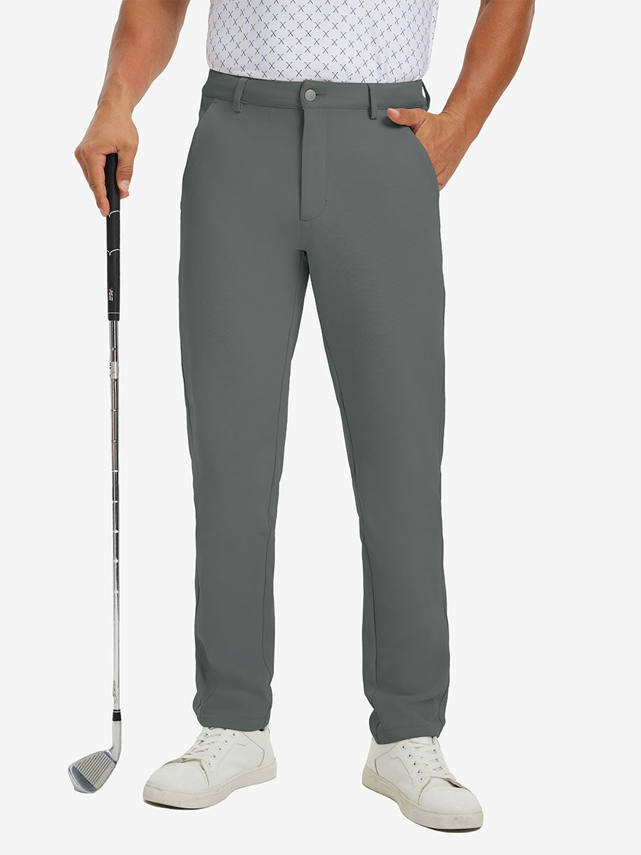 3D front view of model with golf club wearing lightweight moisture wicking dress pants in slate green.