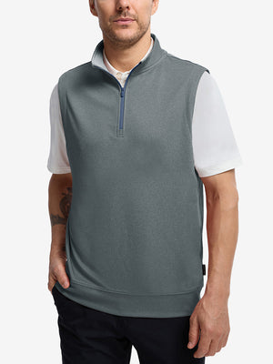Upper body front view of model wearing grey melange lightweight sleeveless quarter zip golf vest