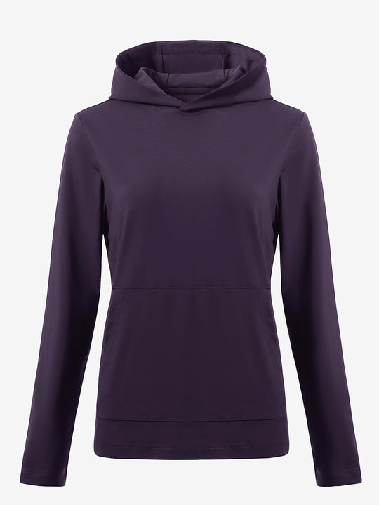 3D front view of women's lightweight hoodies pullover in dark purple, showing clean and sporty look.