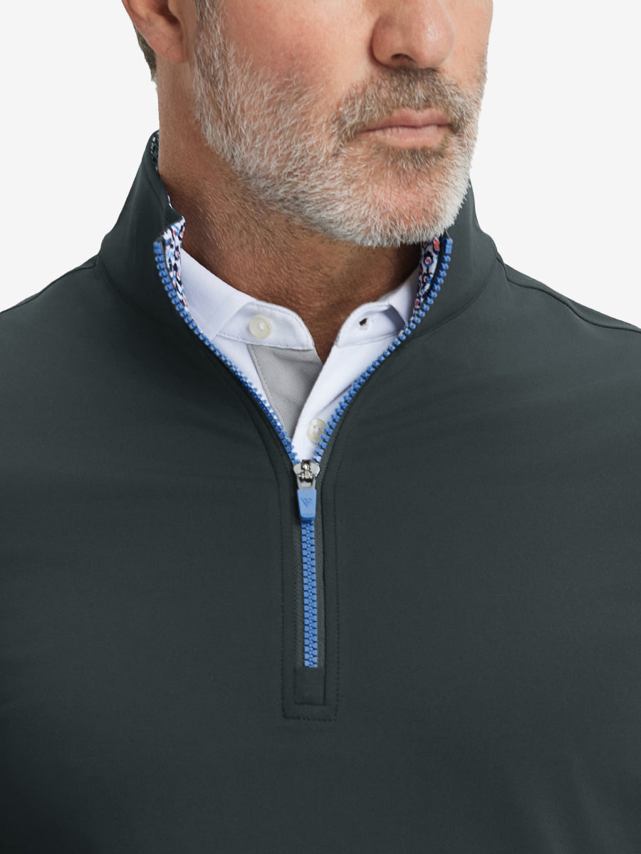 Close-up from nose to chest, showing collar and zipper detail of the dark grey golf pullover.