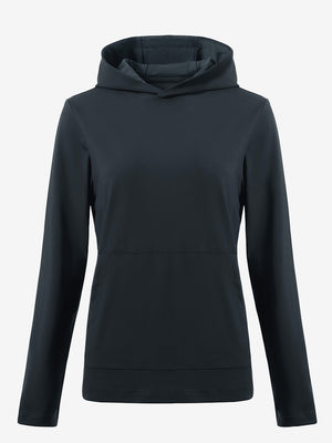 3D front view of women's lightweight hoodies pullover in dark grey, showing clean and sporty look.