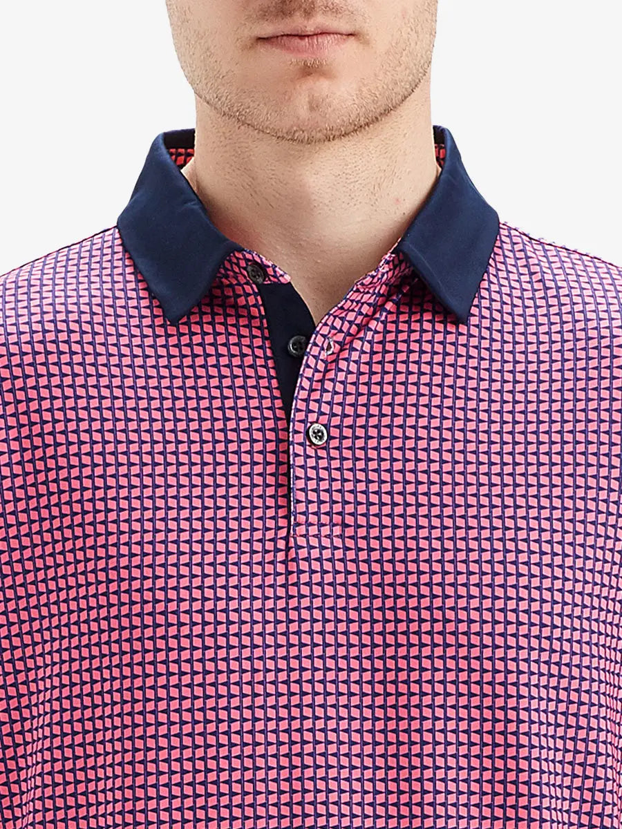 Model wears a SORBET FLAGPOLE golf polo shirt, which emphasizes its cut and comfort when viewed from nose to chest