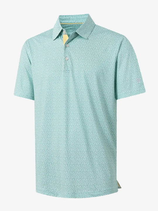 3D view of MAELREG Performance Jersey Print Polo in Green White Fish – breathable golf fabric