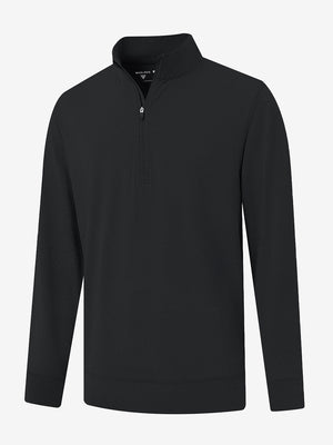 Quarter zip melange pullover in black, clean 3D front view highlighting modern casual design.