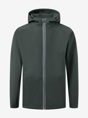 Reflective hooded softshell jacket in grey, clean 3D front view highlighting modern design.