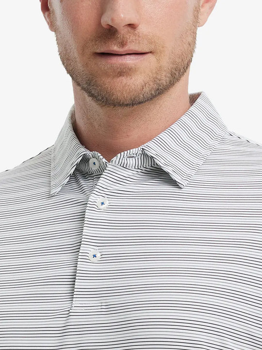 Dark Grey Neutral Grey Performance Stripe Golf Shirt – model front close-up from nose to chest