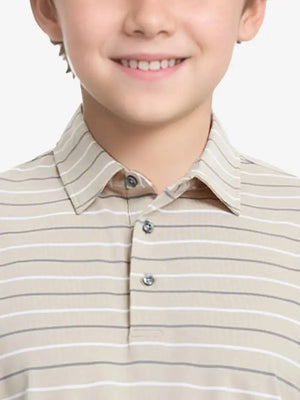 Front half-body view from nose to chest of child wearing LIGHT KHAKI STRIPE Kids Stylish Stripe Polo Shirt.