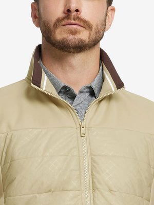 Close-up from nose to chest, showing collar detail and fleece texture of the Light Khaki winter jacket.