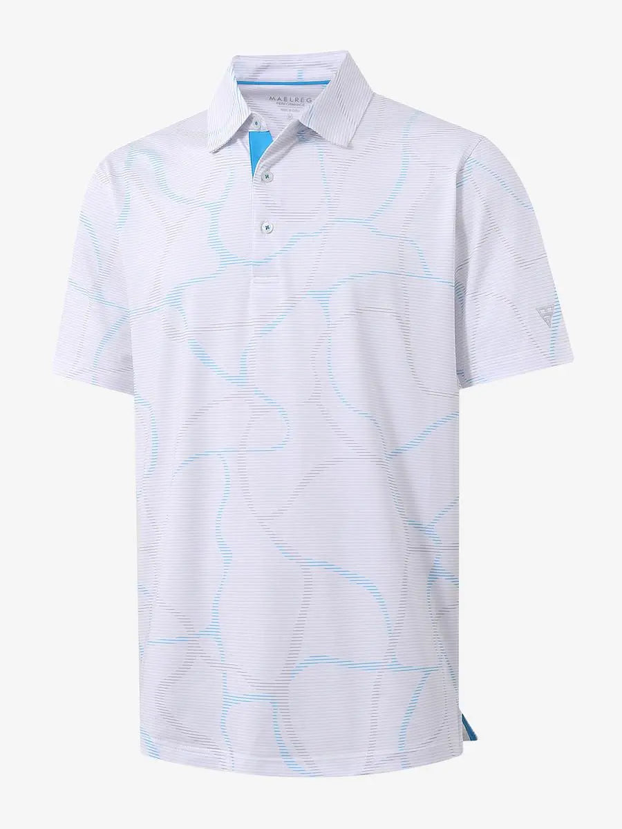3D view of MAELREG Performance Jersey Print Polo in Abstract Stripe – breathable golf fabric