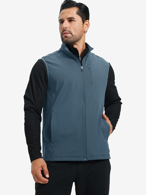 Model wearing water-resistant fleece golf vests, hand in side pocket, relaxed fit in bluish grey
