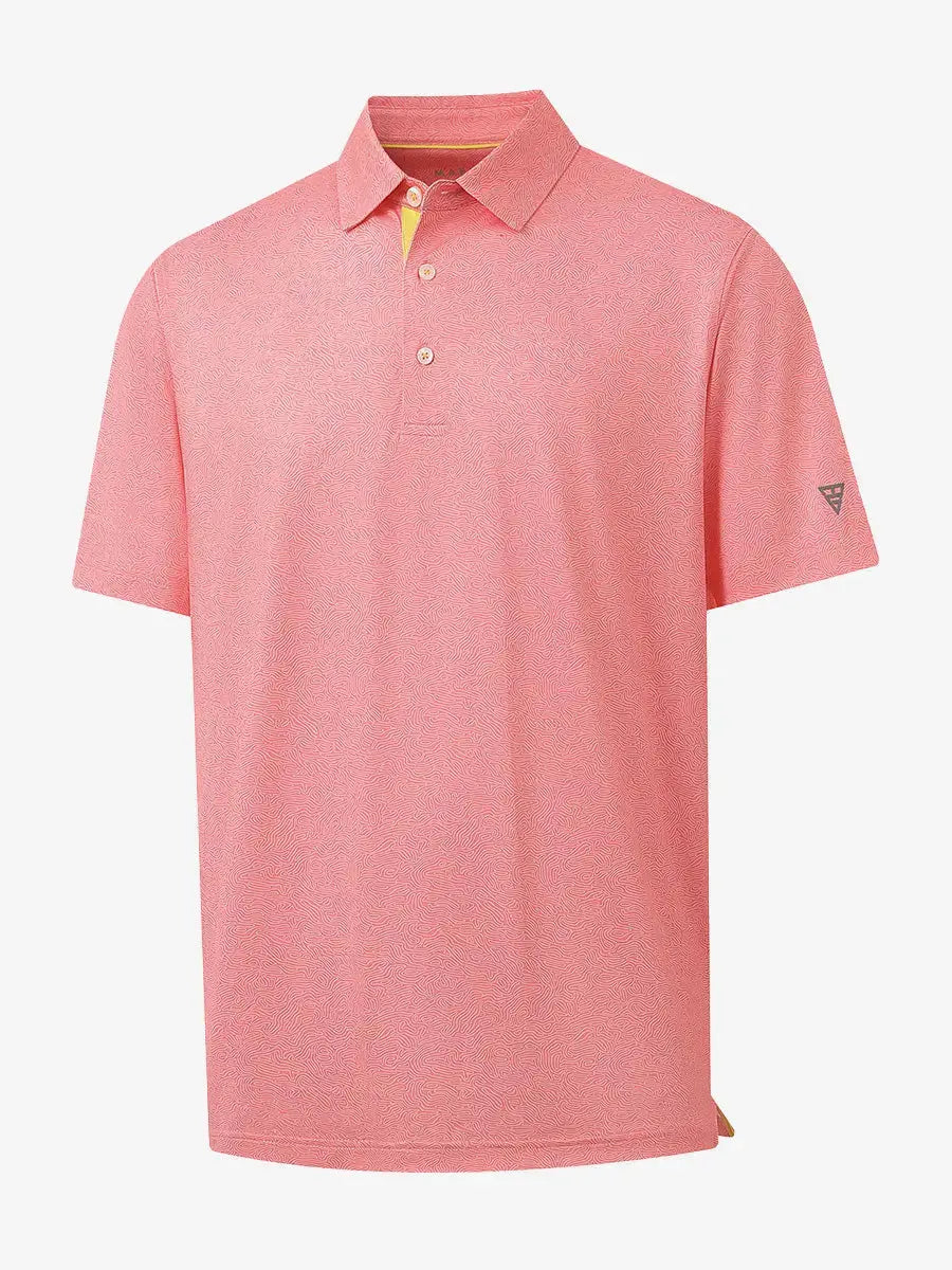 3D view of MAELREG Performance Jersey Print Polo in Candy Pink Line – breathable golf fabric