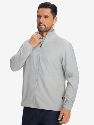 Model wearing lightweight water-resistant outerwear jacket, silver grey, front upper body view