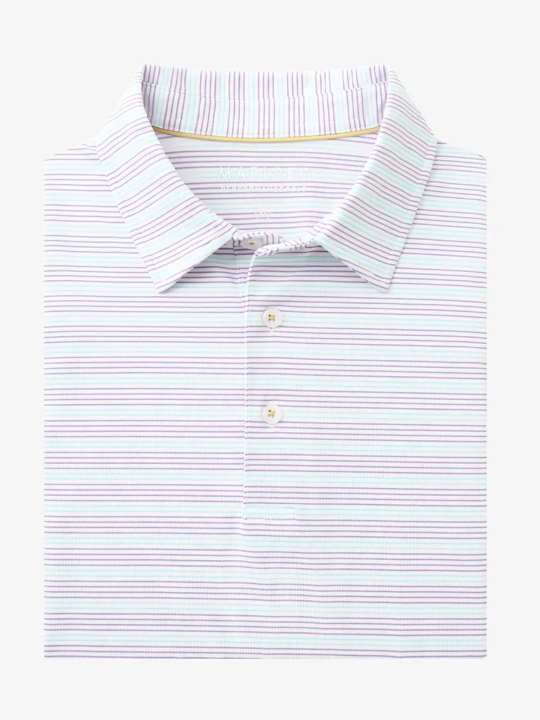 Folded Lilac Light Blue Stripe Performance Stripe Golf Shirt displayed flat