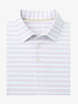 Folded Lilac Light Blue Stripe Performance Stripe Golf Shirt displayed flat