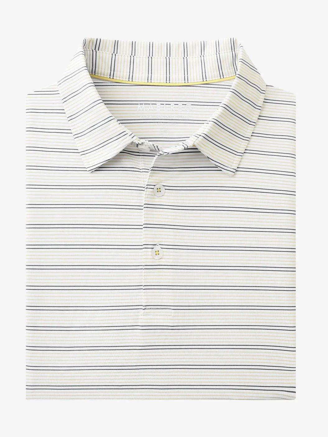 Folded Khaki Neutral Grey Stripe Performance Stripe Golf Shirt displayed flat
