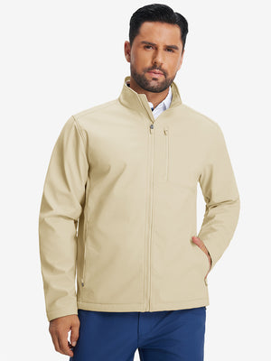 Model wearing winter thermal outdoor water resistant fleece jacket, hand in side pocket, relaxed fit in light khaki