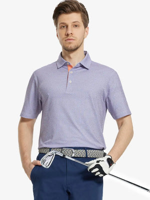 MAELREG Men's Performance Jersey Print Polo in Blue White Oval – front half-body with golf pose
