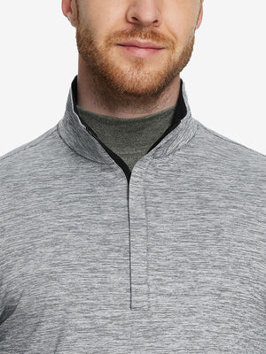 Men wearing Heather Pinstripe Brushed Dry Fit Quarter Zip Pullover in black heather, front half body fit view