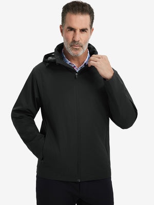 Model wearing the lightweight water-repellent softshell hooded jacket, black, front upper-body outdoor style.