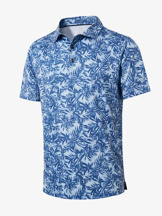 3D view of BLUE LEAF Performance Quick Dry Print Golf Polo showing texture and fit.