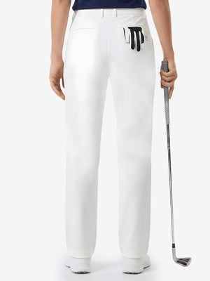 Back lower body shot of model wearing white women's regular fit stretchy golf pants