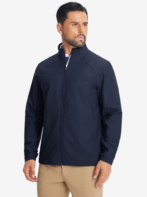 Model wearing lightweight water-resistant outerwear jacket, navy, front upper body view