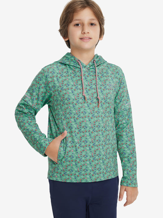 Model front upper body with one hand in pocket, stylish youth full print hoodies pullover in green rugby.