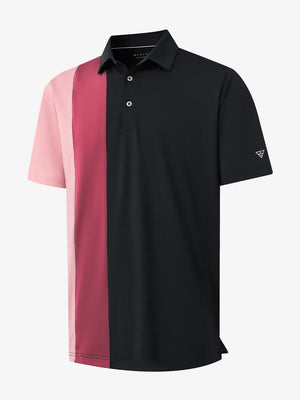 3D view of BLACK Moisture Wicking Color Block Polo Shirt showing fabric and color block design.