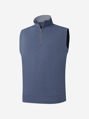 3d view of garment in colony blue melange lightweight sleeveless quarter zip golf vest
