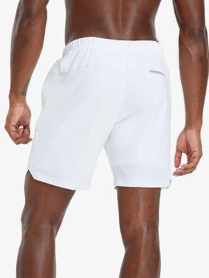 Back lower-body view from waist to upper calves in WHITE 2 in 1 Running Sports Shorts with Liner