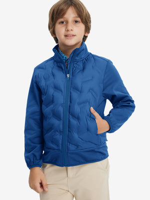 Boys windproof puffer jacket with pockets in klein blue, model front upper-body with one hand in pocket.